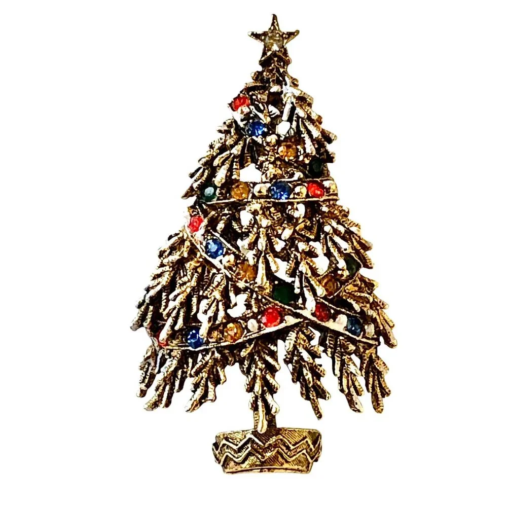 ART Arthur Pepper Vintage Christmas Tree Brooch Rhinestones & Beads Snow Signed